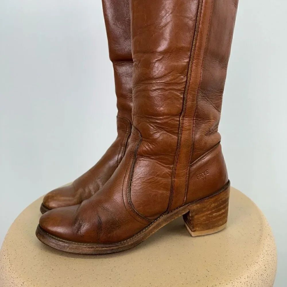 Frye Women’s Vintage 1970s Fold Cuff Knee Block Heel Cognac Leather Boot - Picture 5 of 14